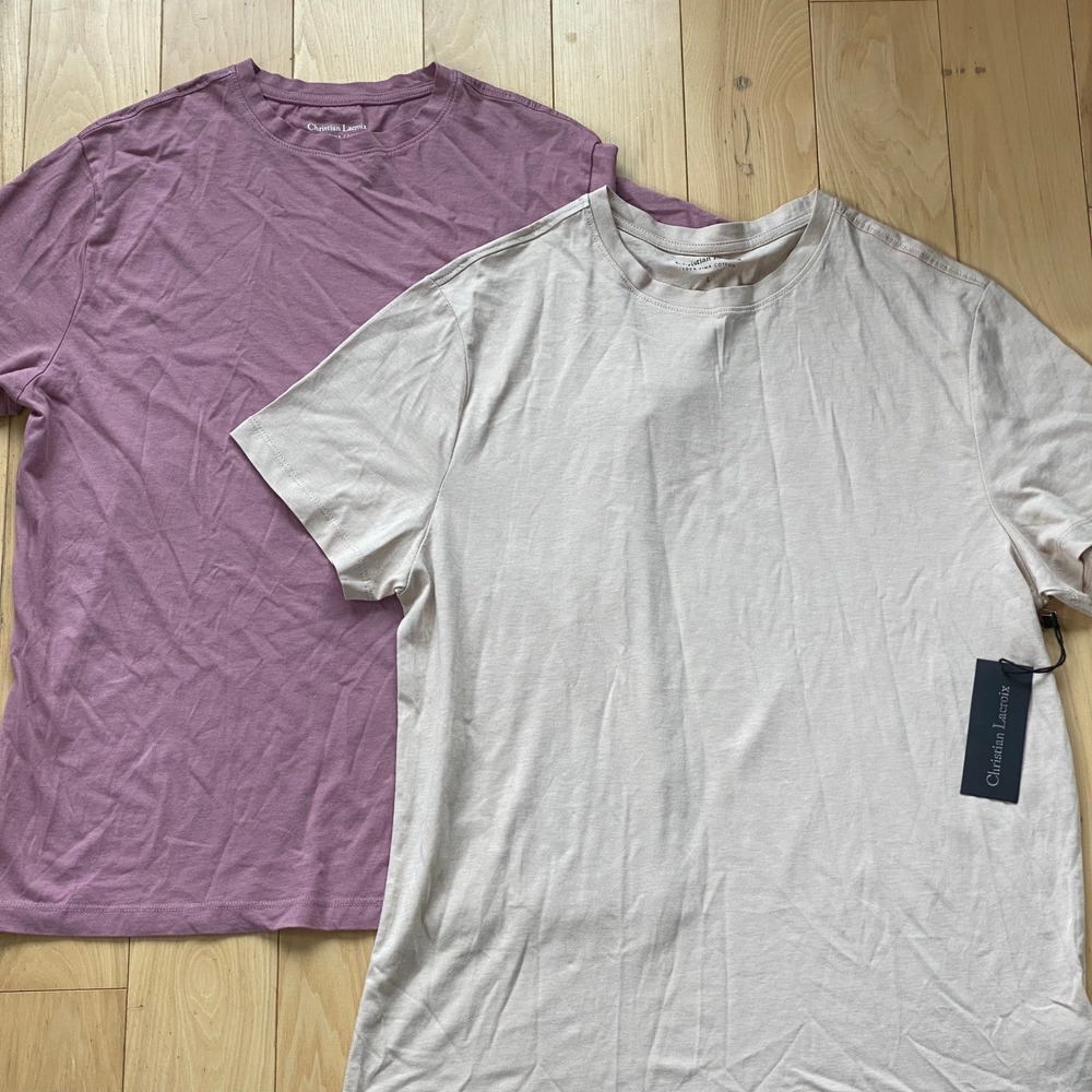 Christian Lacroix 100 Pima Cotton USA Grown Tan & Mauve Tee Set 2pk Organic - L